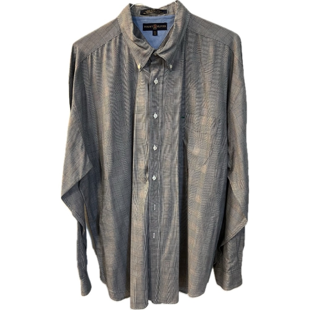 Tommy Hilfiger black plaid crest button down, XXL. Good used condition.